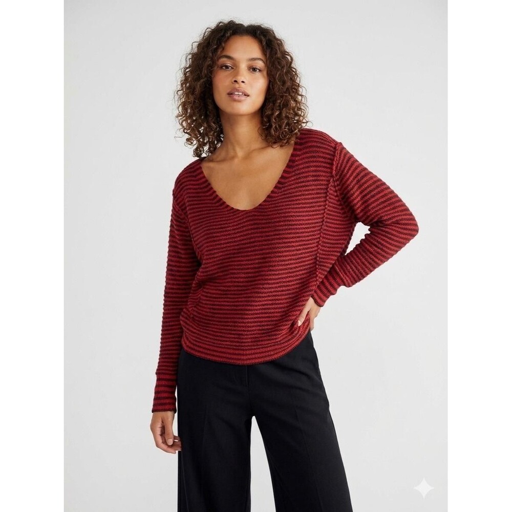Free People Sweater Womens S Red Striped Scoop Neck Open Knit Casual Lightweight